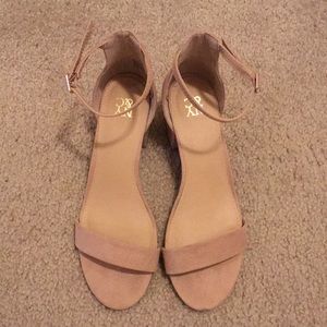 Nude suede block heel pumps